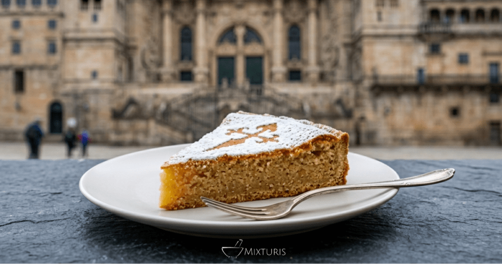 Tarta de Santiago con fondo de Catedral de Santiago