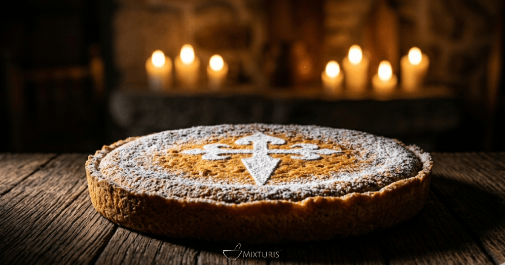 Tarta típica de Santiago, sobre mesa de madera y velas de fondo.