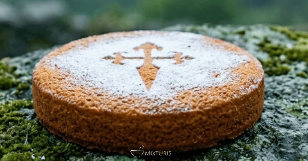 Una tarta de Santiago sobre una piedra verde.