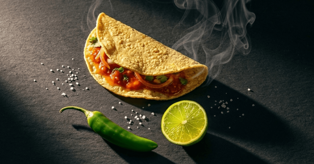Antojitos mexicanos, quesadilla de guisado con un limón partido por mitas y un chile serrano.