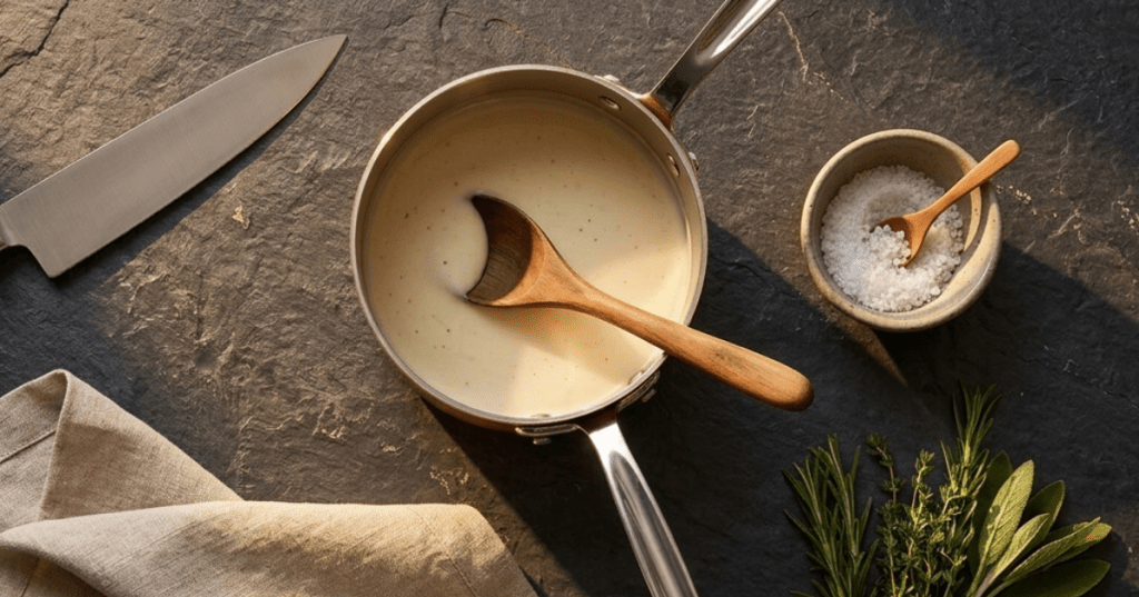 Se muestra una olla de salsa blanca que es una de las salsas básicas de la cocina moderna.