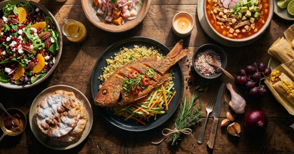 Un conjunto de platillos, pescado frito, pozole rojo, ensalada fresca, buñuelos y tamales de elote.