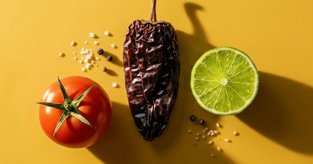 Guisados tradicionales, un jitomate, un chile guajillo y medio limón.