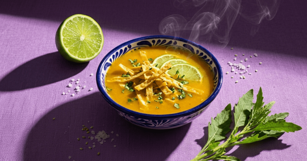 Sopas, caldos y salsas, sopa de tortilla y un manojo de epazote con una medio limón.